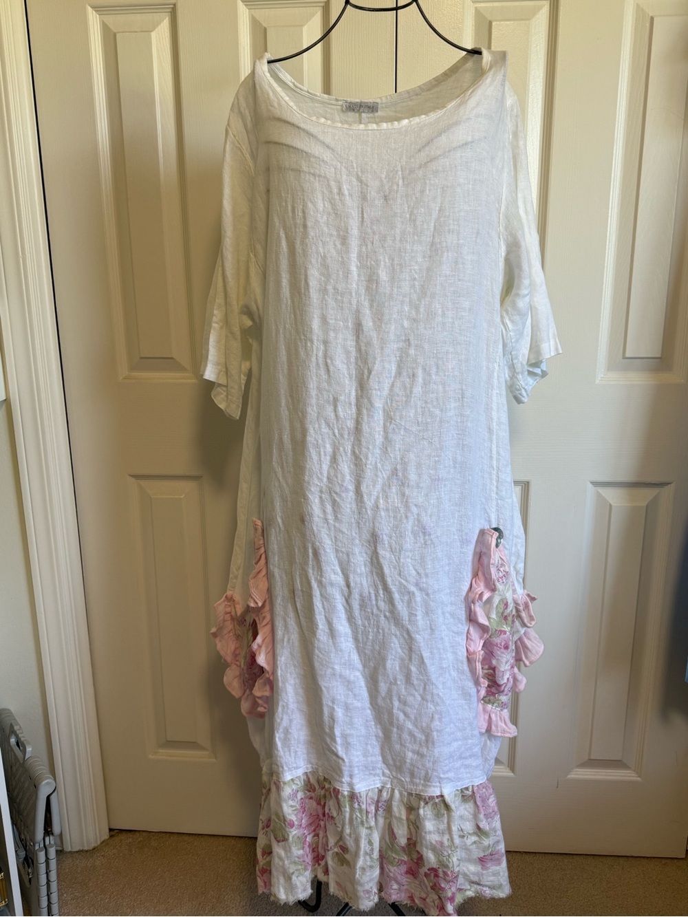 Italian 100% linen Lagenlook White Maxi dress pink floral ruffle pockets. Large - Picture 2 of 11